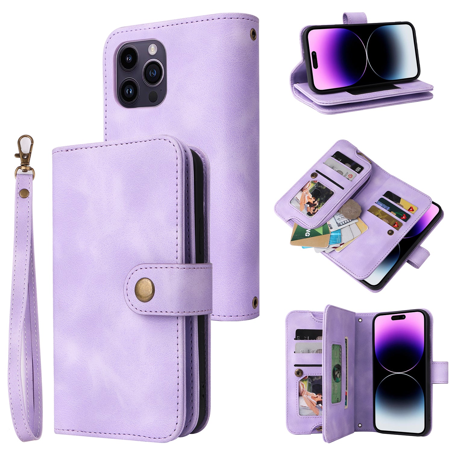 For iPhone 14 Pro Max Anti-drop Phone Case Stand Zipper Pocket Leather Phone Wallet Cover with Straps For iPhone 14 Pro Max Anti-drop Phone Case Stand Zipper Pocket Leather Phone Wallet Cover with Straps